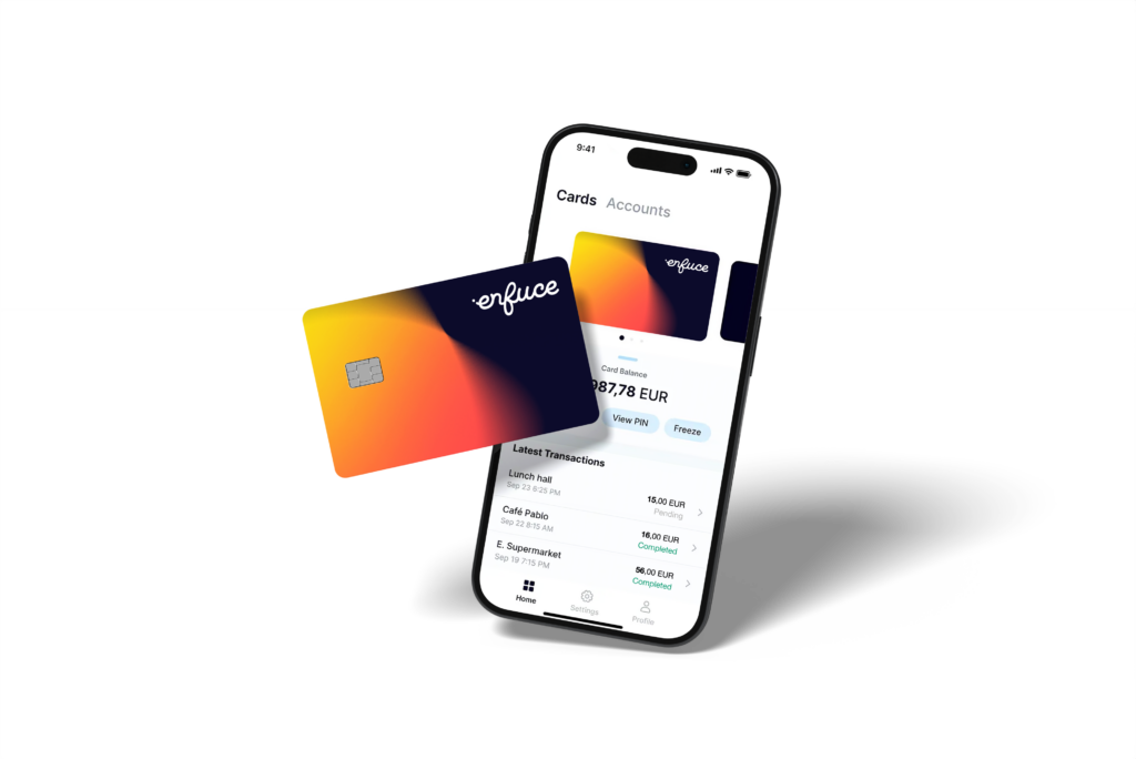 A digital rendering of an Enfuce-branded payment card floating next to a smartphone displaying a mobile banking app interface. The card has a gradient design transitioning from yellow to red to deep blue, with the Enfuce logo in white. The smartphone screen shows a card management interface with options to view the PIN, freeze the card, and a list of recent transactions. The background is black, making the card and phone stand out.
