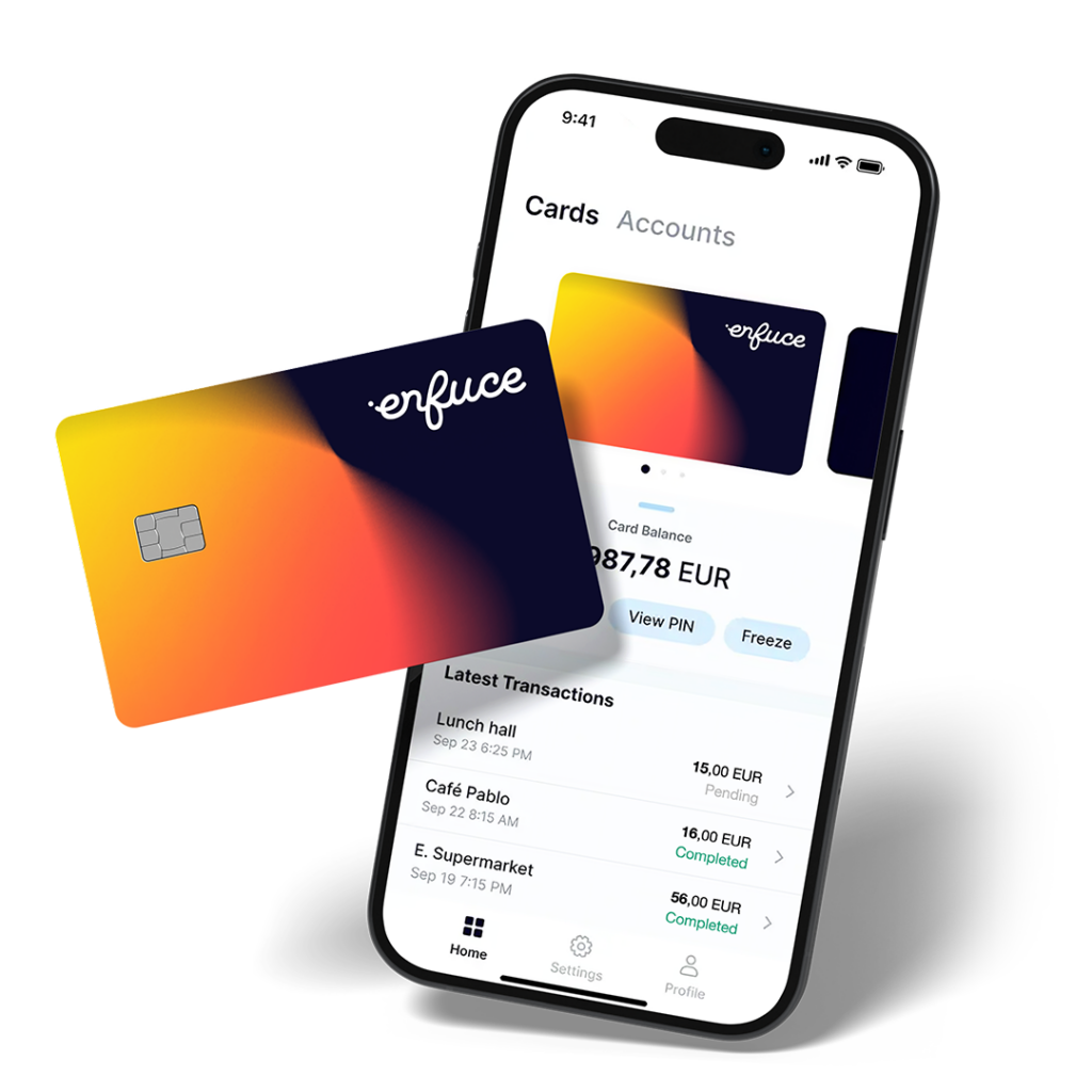 A digital rendering of an Enfuce-branded payment card floating next to a smartphone displaying a mobile banking app interface. The card has a gradient design transitioning from yellow to red to black, with the Enfuce logo in white. The smartphone screen shows a card management interface with options to view the PIN, freeze the card, and a list of recent transactions. The background is black, making the card and phone stand out.