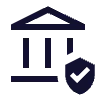 A black icon of a classical government or bank building with columns, accompanied by a shield with a checkmark, symbolizing security, compliance, or assured financial services.