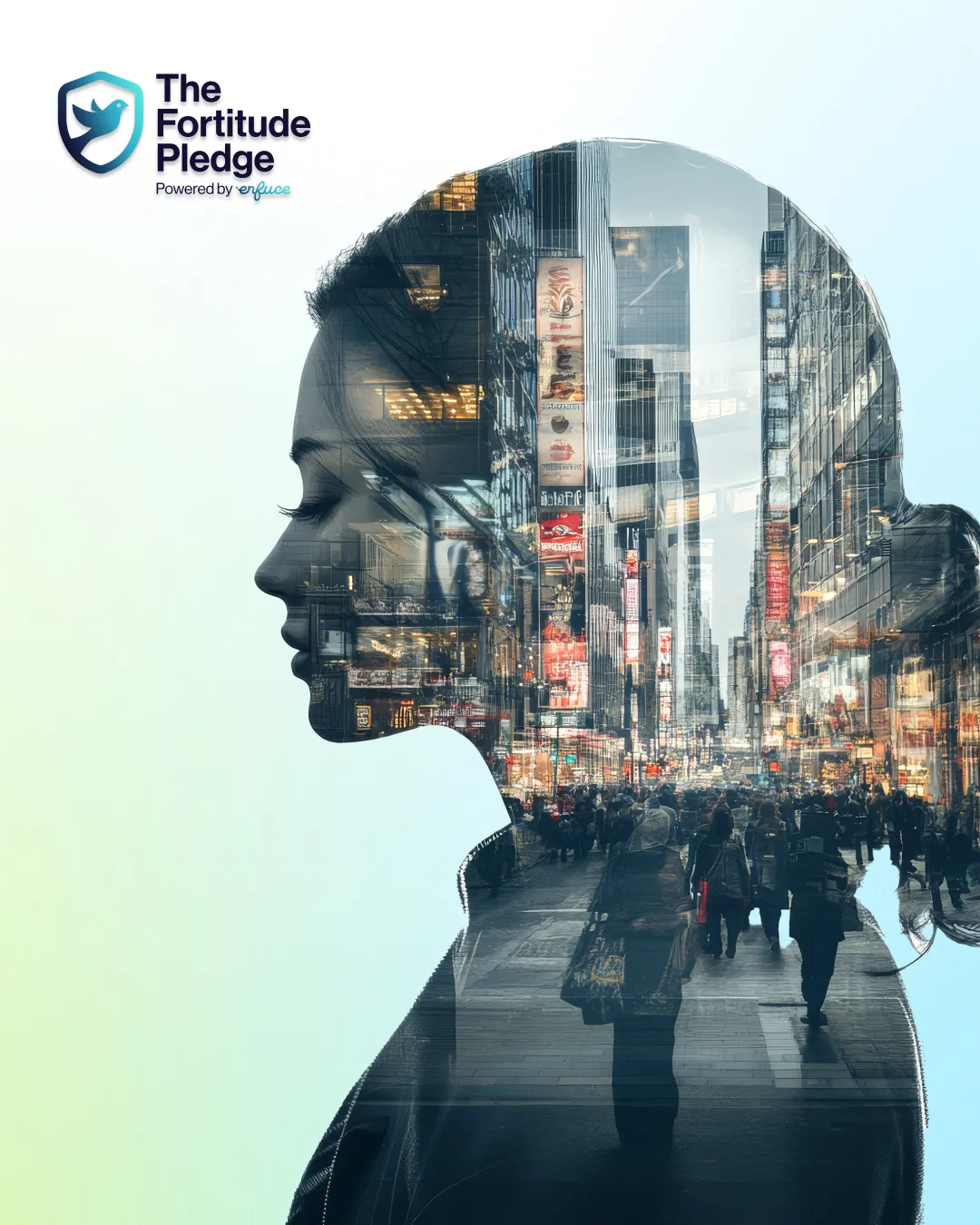 Double exposure image of a woman’s profile blended with a bustling urban street scene, symbolising resilience. Logo of