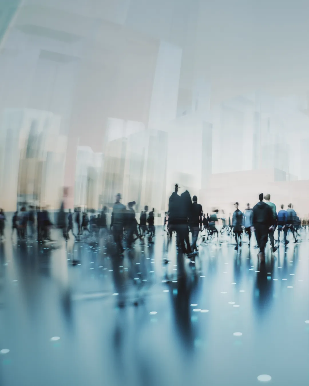 Blurred crowd of people walking in a futuristic smart city environment with tall glass buildings, digital light reflections, and a technology-inspired atmosphere representing innovation, connectivity, and urban mobility.