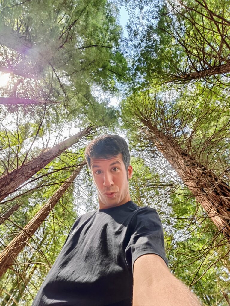 Man taking a playful selfie in a forest, looking up at towering trees with sunlight filtering through the green canopy above.