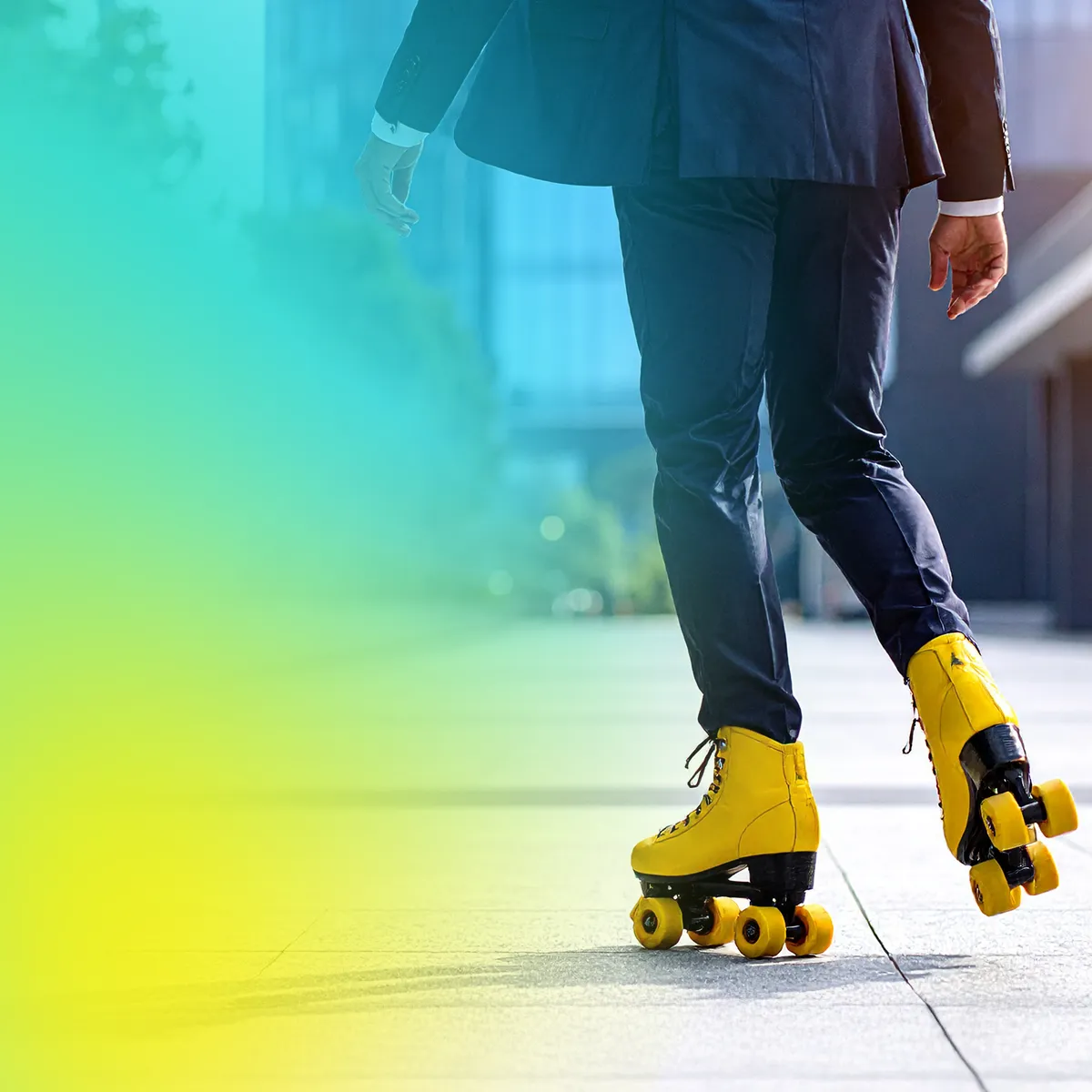 A person in a suit is roller skating on a city pavement, wearing bright yellow skates that stand out against an urban background with a soft green and blue gradient overlay.